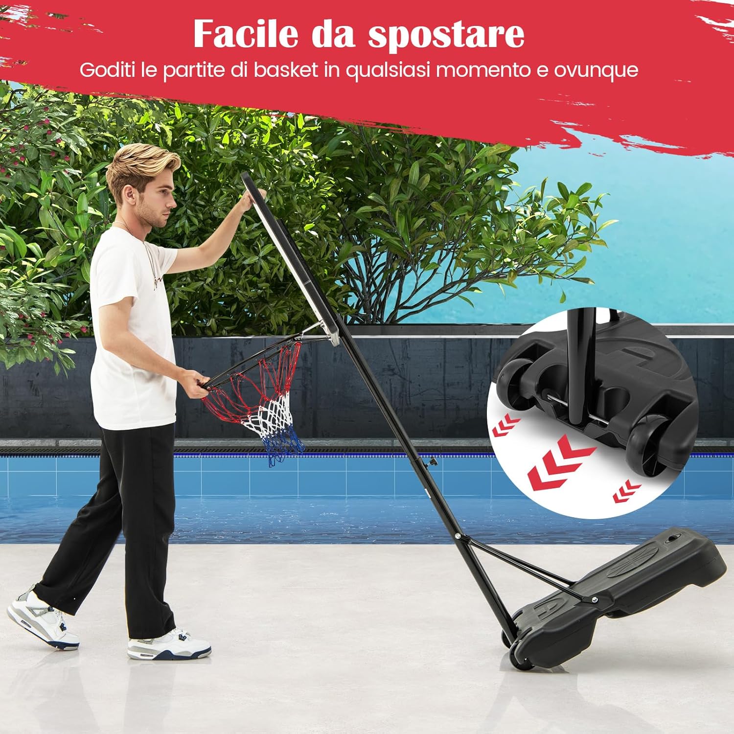 Canestro da Basket per Piscina, Regolabile in Altezza da 115-135 CM per Bambini e Adolescenti, Supporto da Basket Portatile con Ruote per Piscina e Interno