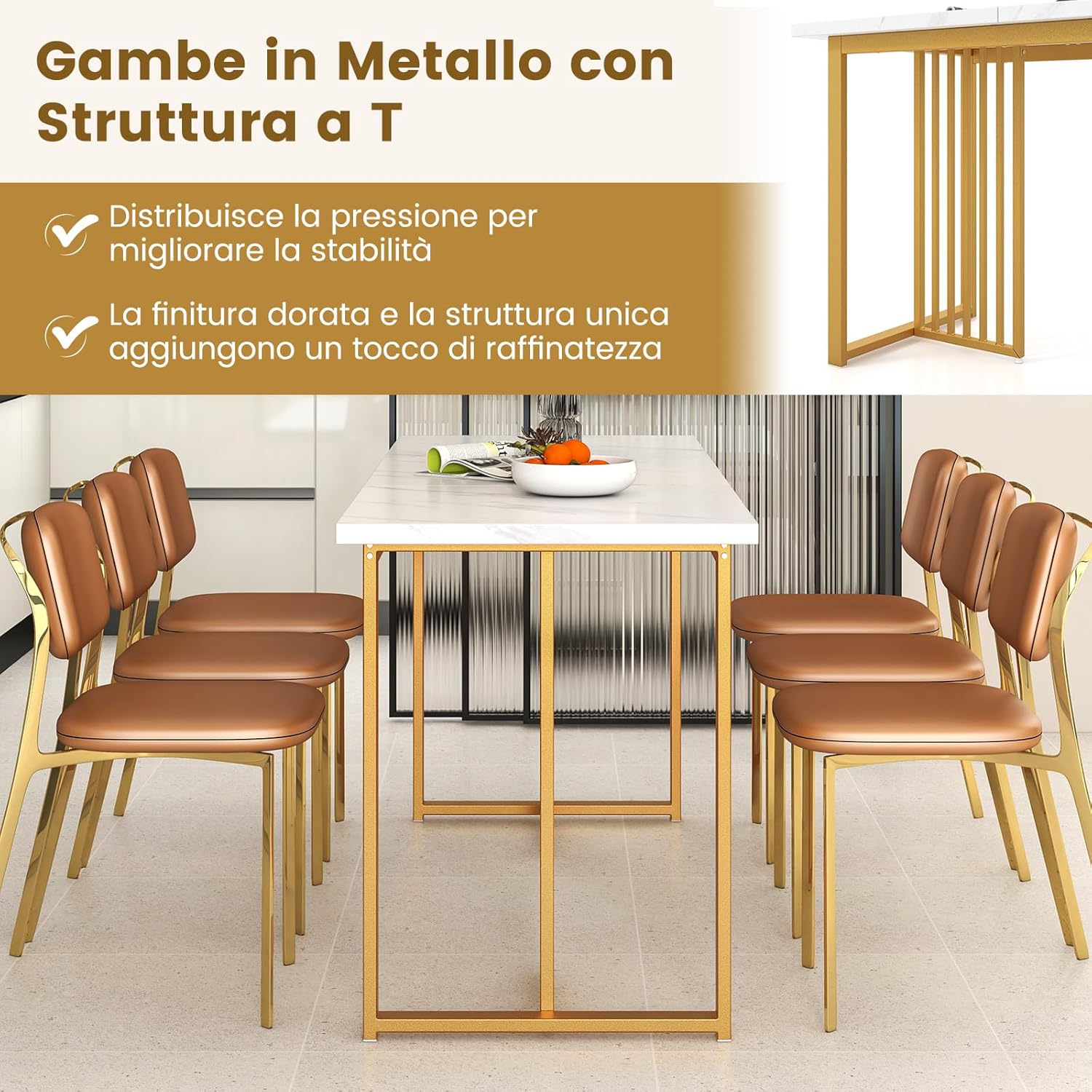 Tavolo da Pranzo, Tavolo Moderno per 6-8 Persone con Piano in Finto Marmo e Gambe in Metallo, Tavolllo Rettangolare da per Sala da Pranzo, Soggiorno e Cucina, 160 x 60 x 76 cm, Bianco e Oro