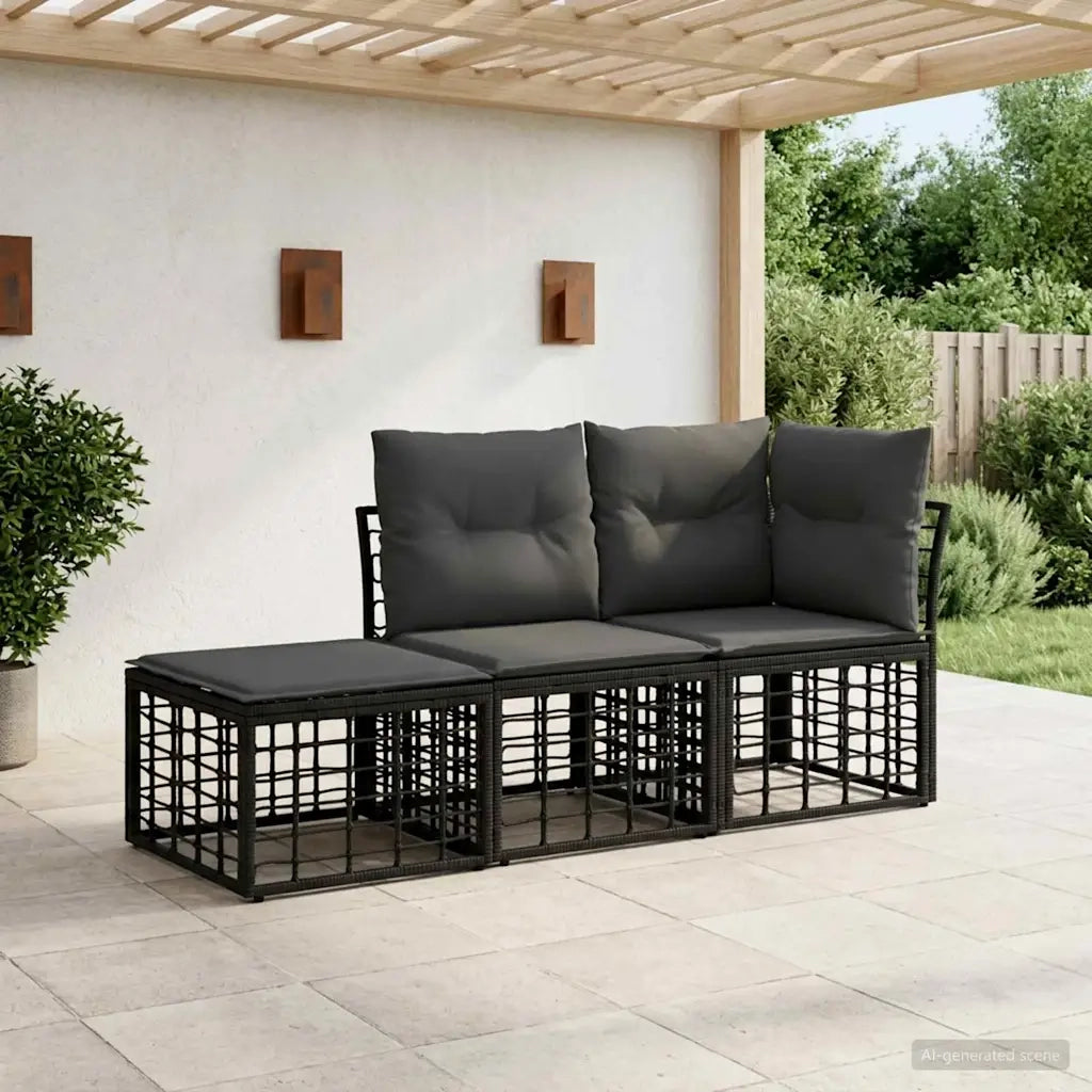 Set di divani da esterno con cuscino 3 pcs Nero Poliestere