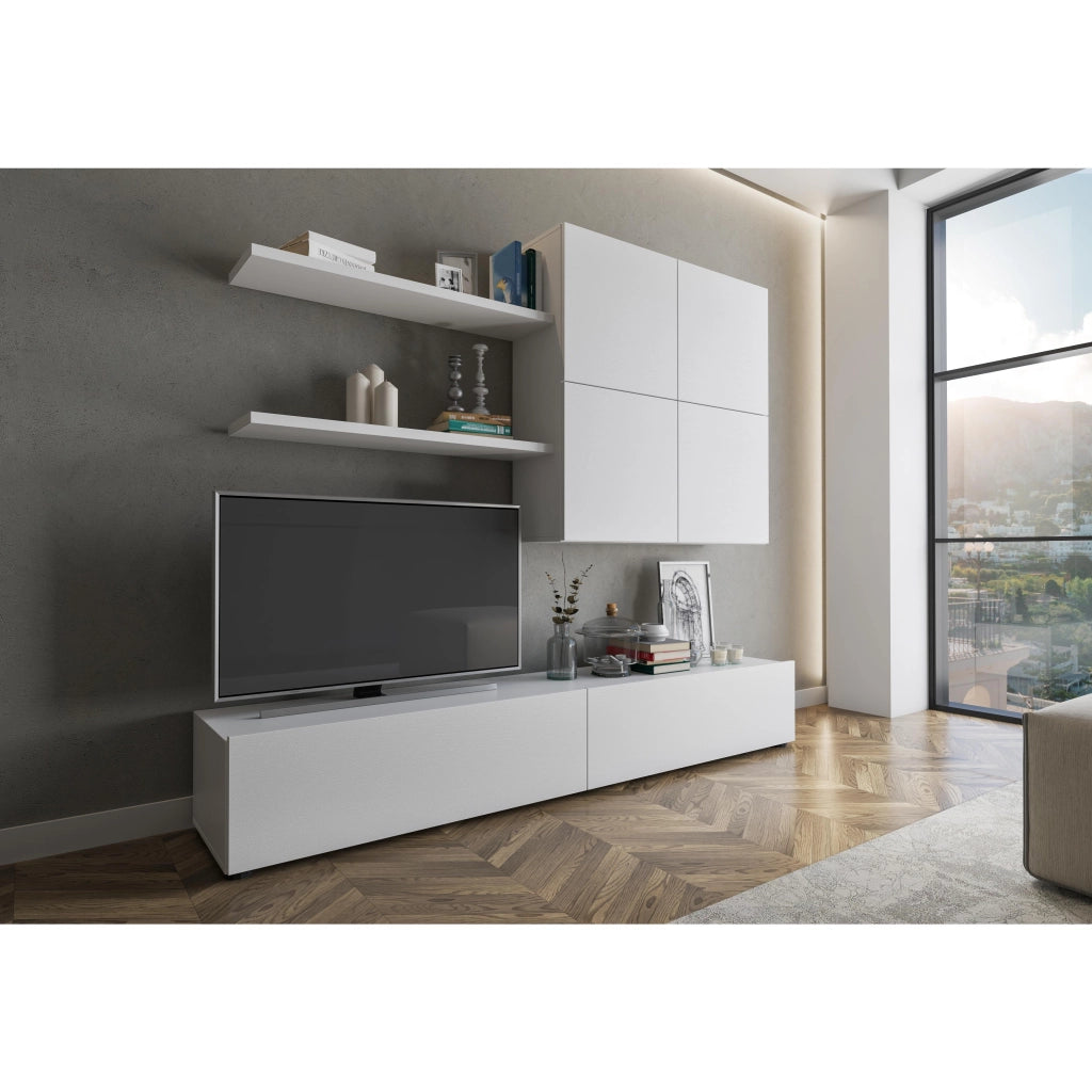 Parete Attrezzata Soggiorno Moderna Con Base TV Due Ante Pensile Quattro Ante E Due Mensole In Melaminico Facile Da Pulire Design Contemporaneo 200 X 194 X 40 Cm Bianco Effetto Legno