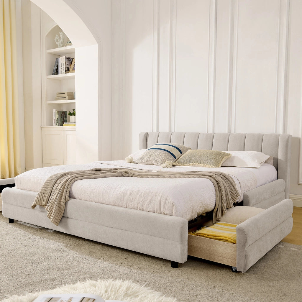 Letto Matrimoniale Contenitore con USB ¨C MINIMAL ¨C Velluto Beige 160x200