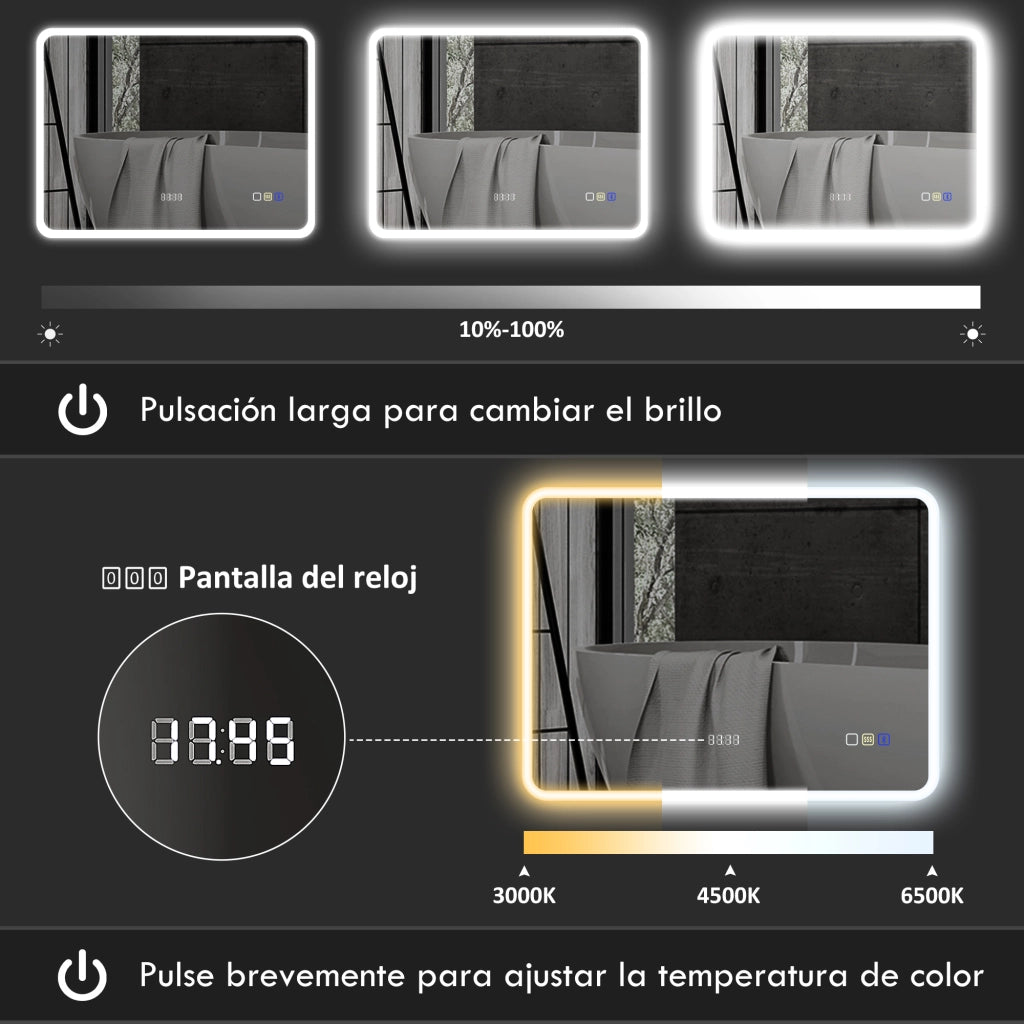 Specchio da Bagno con LED Bluetooth ¨C zephmum ¨C 80x60 cm Antivaho 3 Colori IP44
