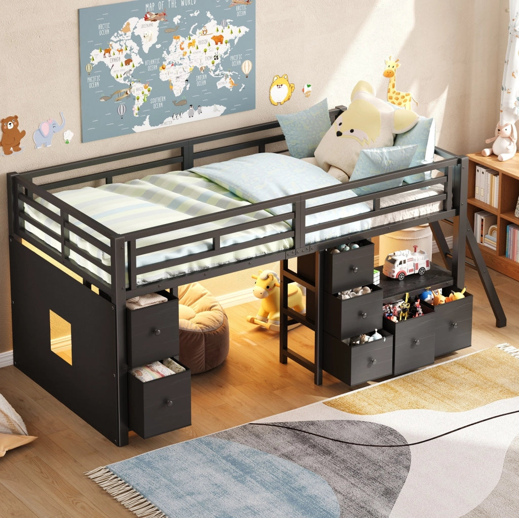 Letto a soppalco basso 208x98x104.5 cm con sponde di sicurezza; LED; metallo; nero