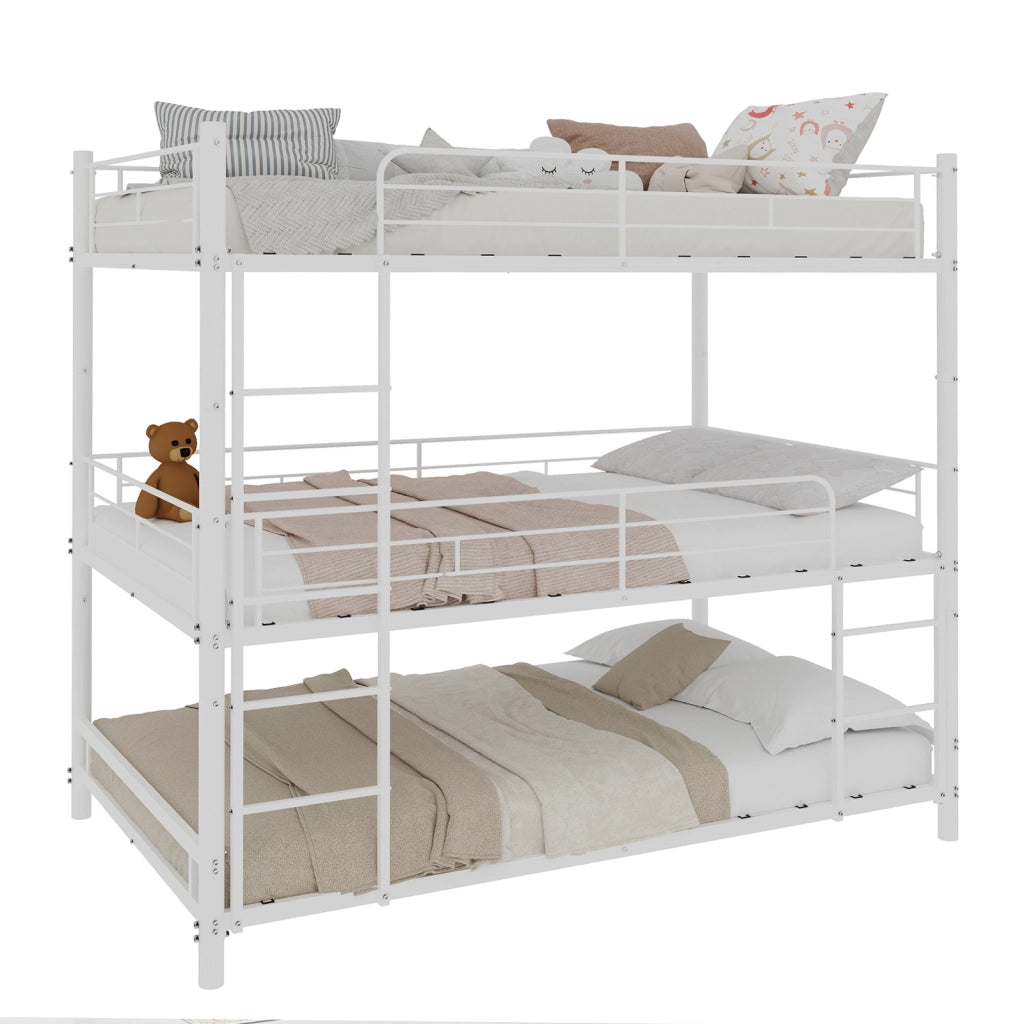 Letto a castello triplo con scala e parapetto continuo in ferro bianco 100x200 cm