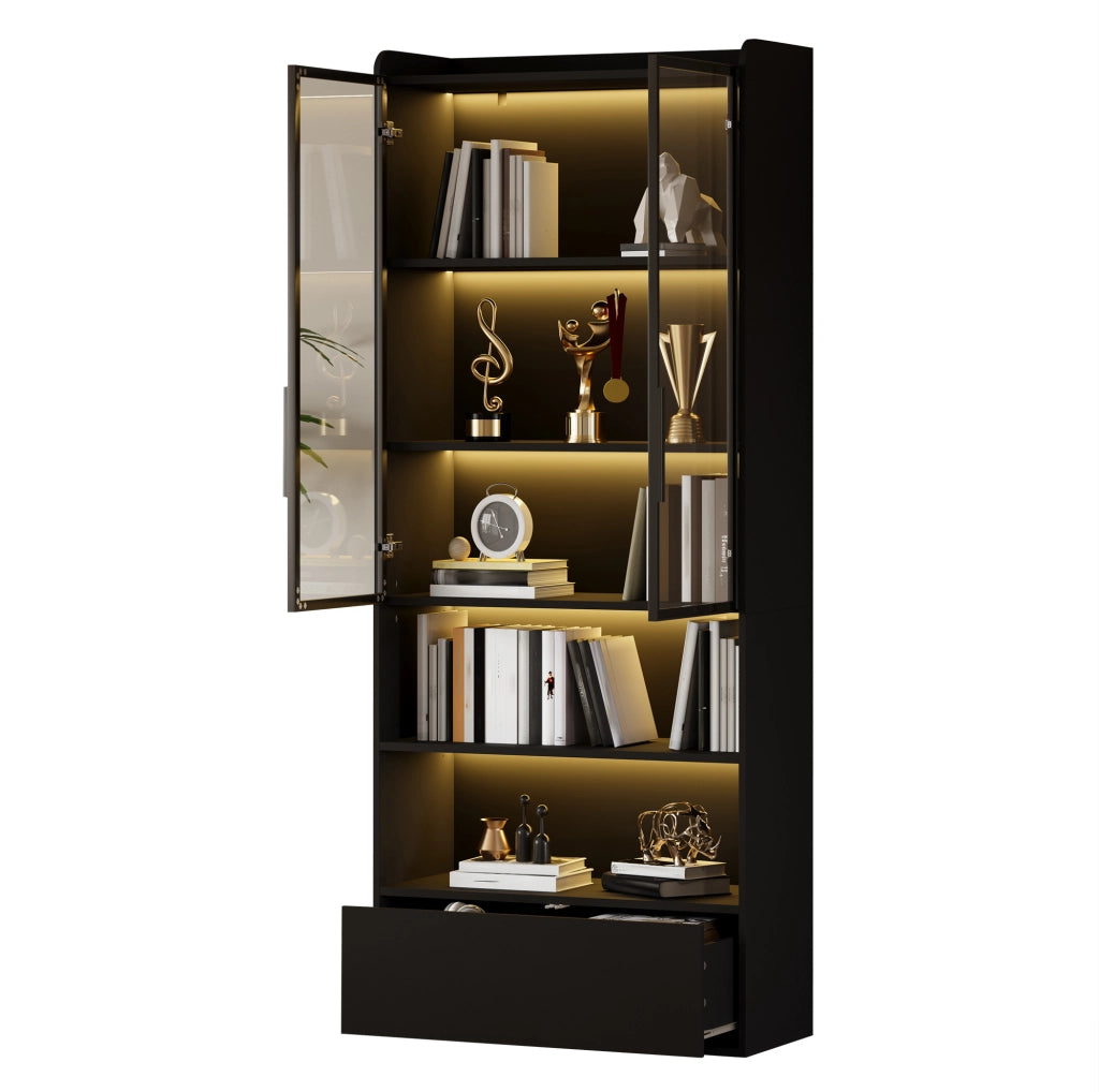 Vetrina alta con LED e 1 cassetto 80 x 34 x 180 cm; nero in MDF e vetro