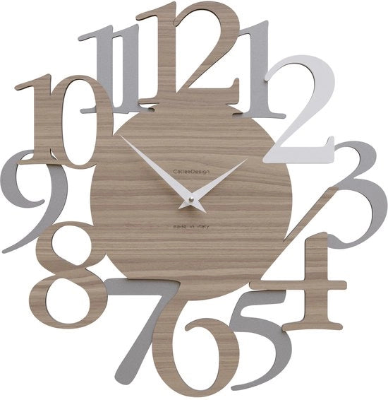 Orologio da Parete Moderno - Italia, numeri grandi, decorazione per casa e ufficio, silenzioso, Made in Italy [Alluminio, Bianco, Canaletto Noce].