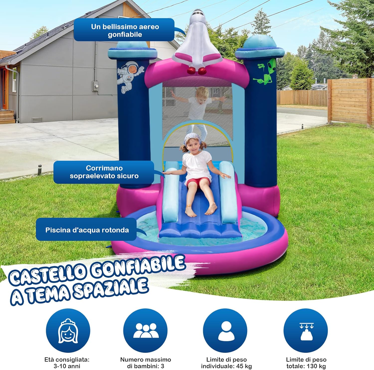 Castello Gonfiabile con Piscina, Casa Gonfiabile per Bambini con Borsa per il Trasporto e Paletti, Ideale per Interni ed Esterni per 3 Bambini di 3-10 Anni (Con soffiatore)