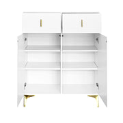 Set da ingresso con scarpiera a 2 cassetti e 2 ante; ganci dorati e panca; truciolato; bianco; push-open