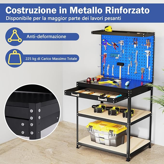 Banco da Lavoro con Piano da 80 x 40 cm, Banco da Lavoro Officina con Pannello Forato e 20 Ganci Porta Attrezzi, Tavolo da Lavoro per Garage con Cassetto e 2 Mensole (Blu)