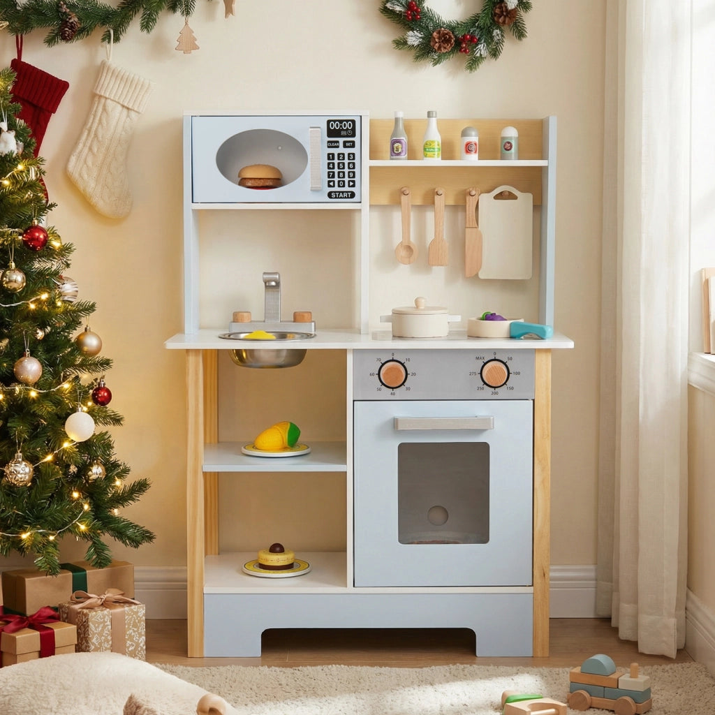 Cucina gioco legno lavagna microonde fornello scolapiatti rubinetto-Cucina lavello finzione accessori bambini 3 anni Blu