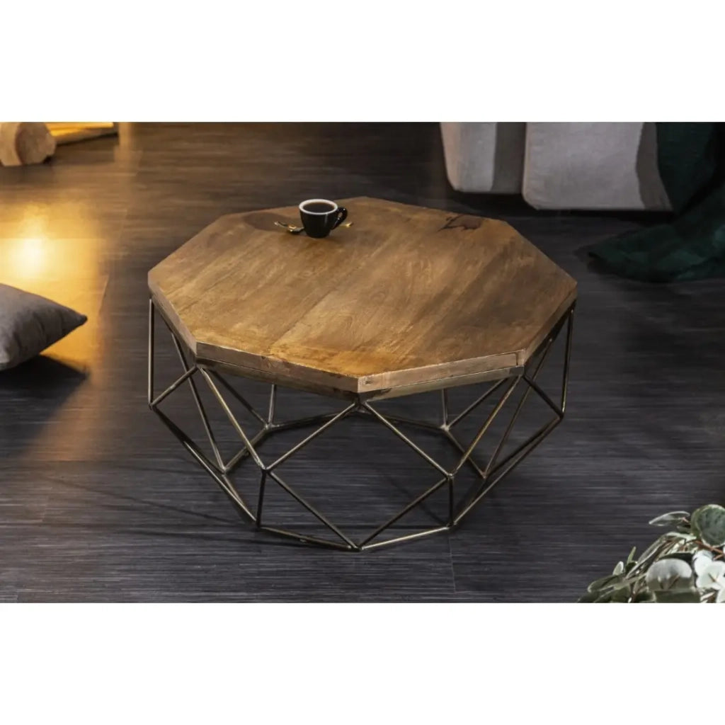 Tavolino basso NEXORA 70 cm in legno massello di mango e ferro nero design geometrico