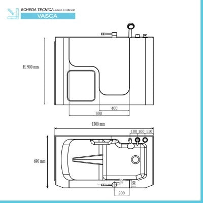 Vasca da bagno per anziani 130x90 sportello con apertura esterna a destra