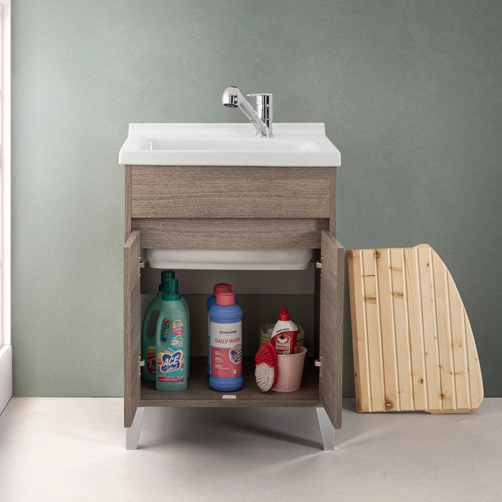 Mobile lavatoio 60x50 rovere scuro Way con vasca in ceramica Dolomite