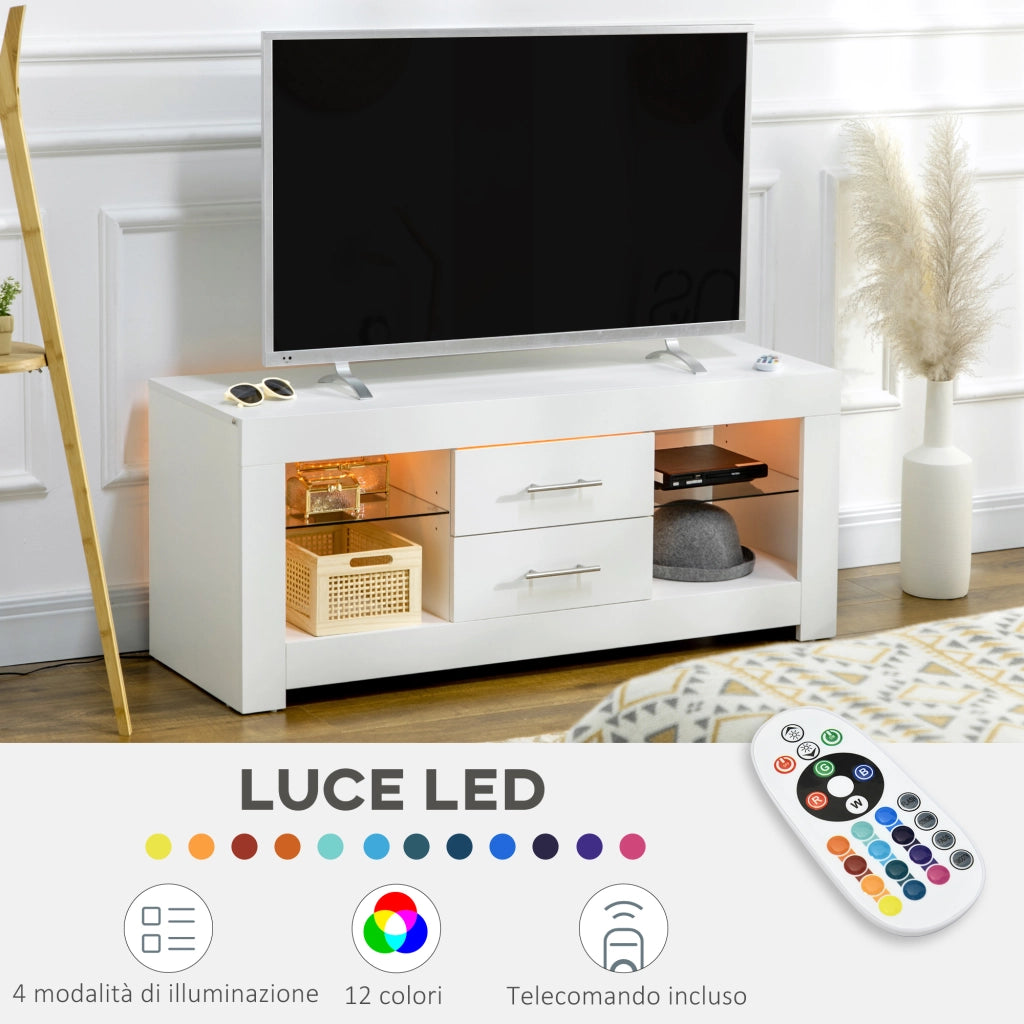 EasyComfort Mobile Porta TV da 55" con Luci LED a 12 Colori e Telecomando, Legno e Vetro 120x40x50cm, Bianco