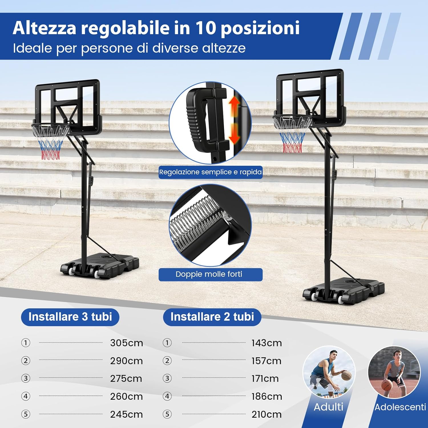 Canestro Basket da Interno ed Esterno per Adulti, Canestro da Basket Professionale e Regolabile in Altezza da 245 a 305 cm con Tabellone da 111cm, Base Riempibile e 2 Ruote