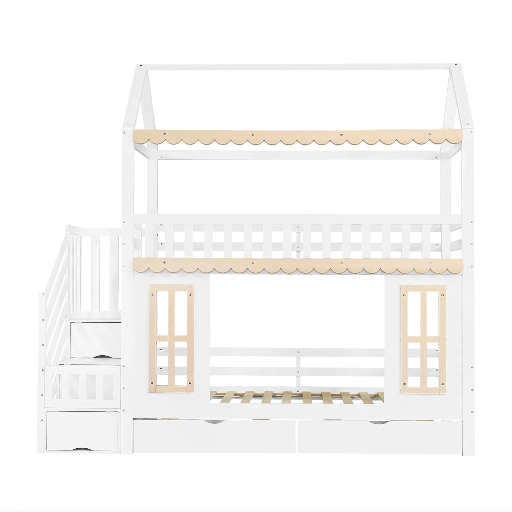 Letto a Castello 90 x 200 cm - Scala con Contenitore e 2 Cassetti - in Legno - Bianco e Naturale