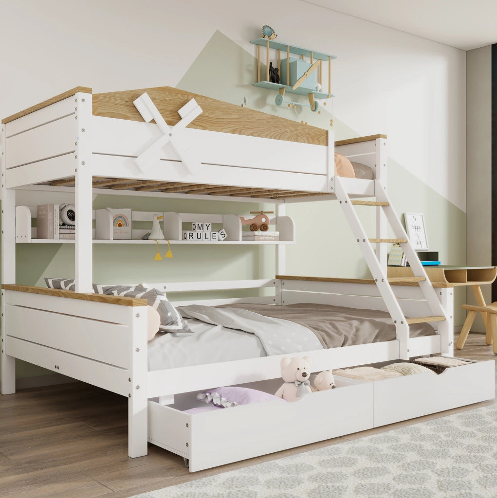 Letto a castello con mulino, cassetti e scaffali, bianco naturale, 90x200/140x200 cm