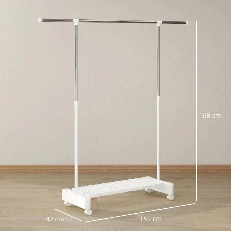 STENDIBIANCHERIA ESTENSIBILE CON RUOTE E FRENO, RIPIANO PORTA SCARPE E STRUTTURA IN ACCIAIO INOX, BIANCO
