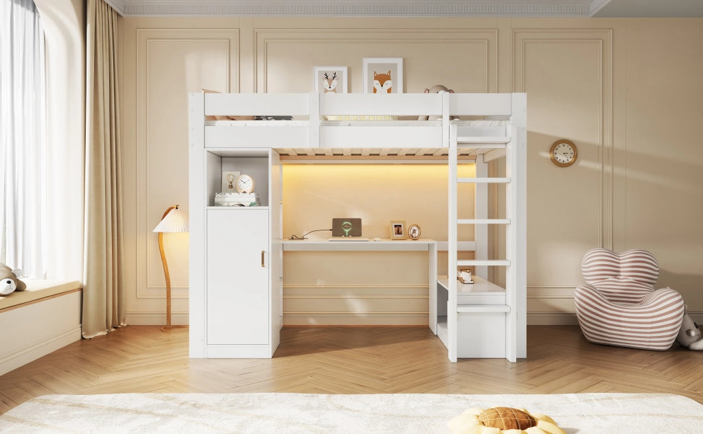 Letto a soppalco 90x200 bianco con scrivania integrata armadio e cassetti