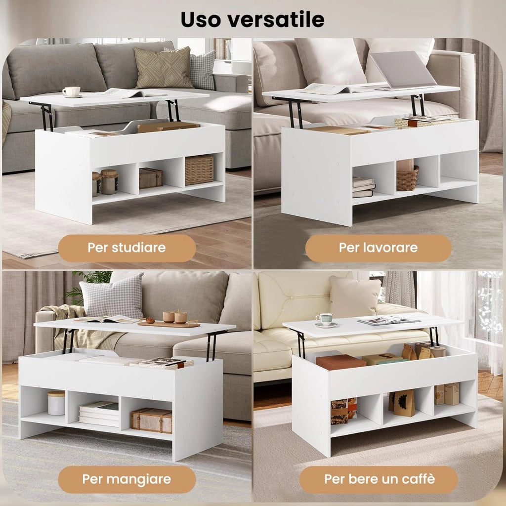 Tavolino da Caffè Sollevabile dall'Alto, tavolino Salotto con 1 Scomparto Nascosto e 3 Scomparti Aperti, 96x51x45cm, in Legno Ingegnerizzato, BTS19ws
