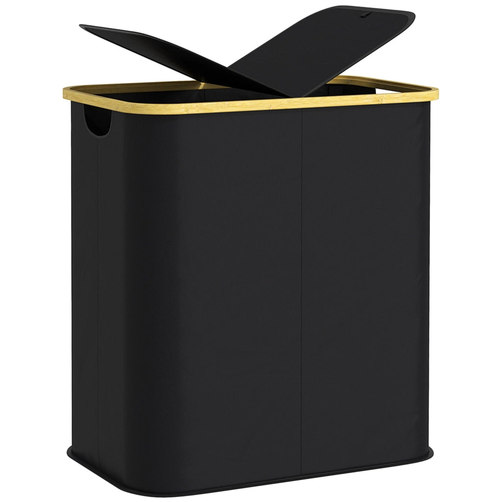 Cesto Portabiancheria da 80L a 2 Sezioni con Coperchio 54x34x58,5 cm in Tessuto non Tessuto e Bambù Nero