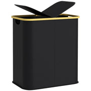 Cesto Portabiancheria da 80L a 2 Sezioni con Coperchio 54x34x58,5 cm in Tessuto non Tessuto e Bambù Nero