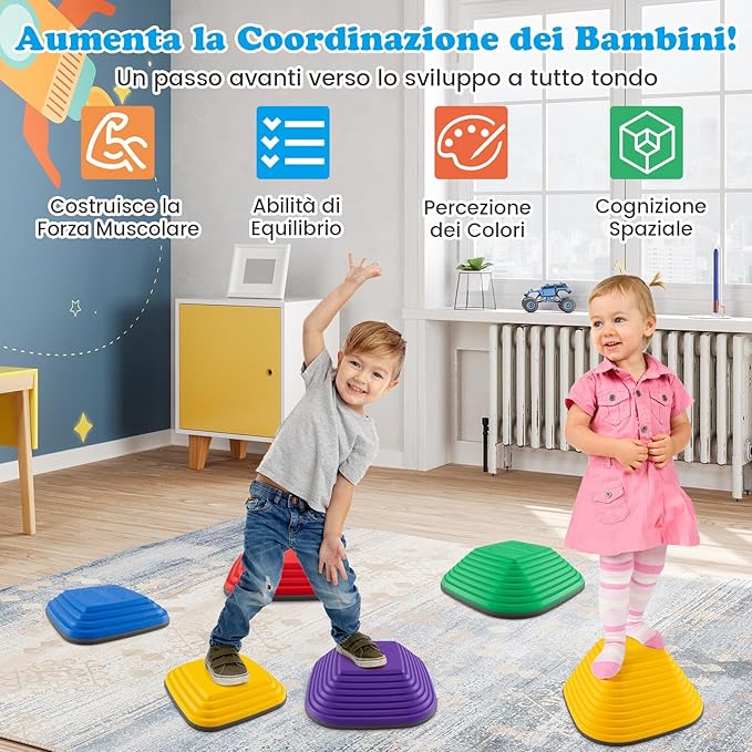 6 Pezzi Pietre di Passo per Bambini, Pietre di Equilibrio Antiscivolo per Esercizio Interno/Esterno, Blocchi di Equilibrio Quadrati per Bambini 3+ Anni