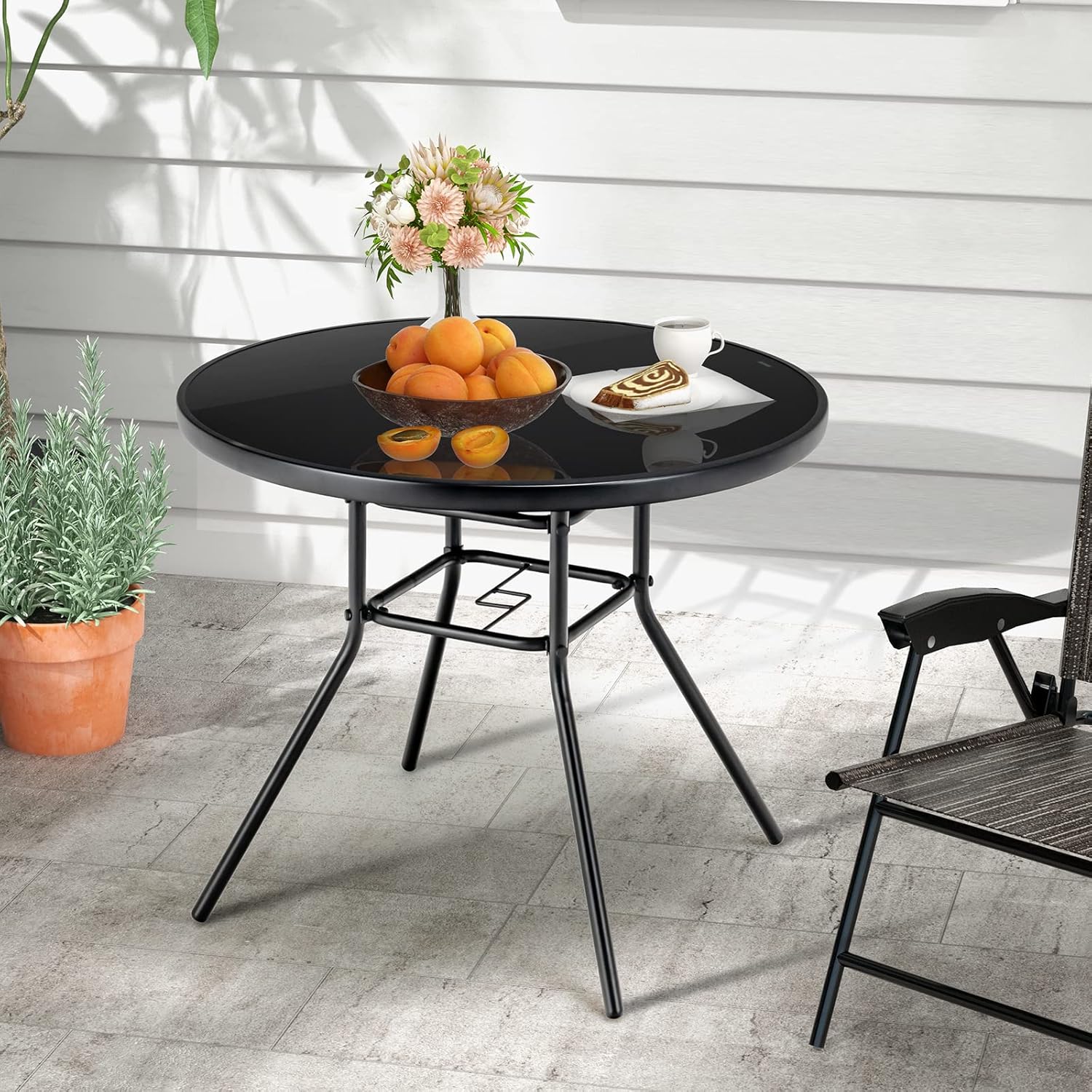 Tavolo Rotondo da Giardino con Buco per Ombrellone, Tavolo da Esterno in Vetro Temperato Struttura in Metallo, Tavolino per Balcone, Terrazza, Sala Pranzo e Soggiorno, 86 x 86 x 71 cm, Nero