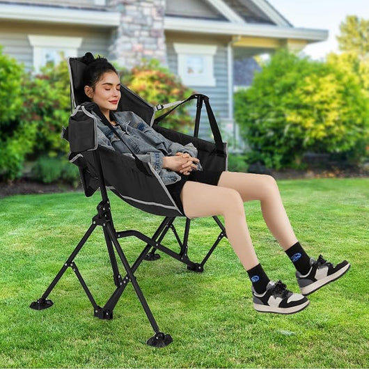 Sedia da Campeggio Amaca, Sedia a Dondolo Pieghevole con Portabicchieri, Schienale Regolabile, Poggiatesta, Sedile a Dondolo per Giardino, Patio, Prato, Portata 150 kg (Nero)