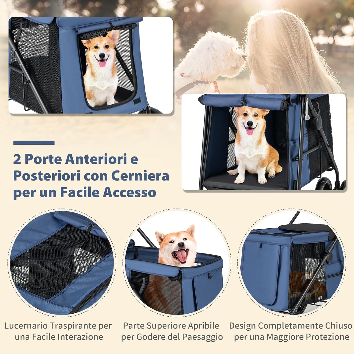 Passeggino per Cani Pieghevole, Carrello a 4 Ruote per Animali Domestici Piccoli e Medi, Trasportino Portatile con Ruote, Lucernario e Tasche, Chiusura Rapida (Blu)