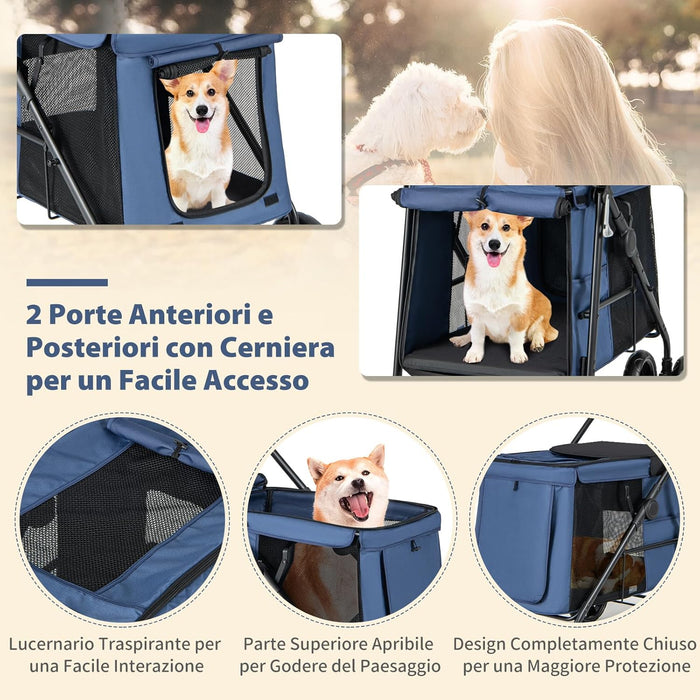 Passeggino per Cani Pieghevole, Carrello a 4 Ruote per Animali Domestici Piccoli e Medi, Trasportino Portatile con Ruote, Lucernario e Tasche, Chiusura Rapida (Blu)
