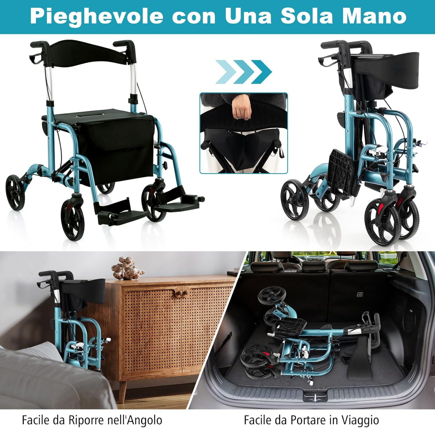 Deambulatore Multiuso 2 in 1, Deambulatore per Anziani in Alluminio con Altezza Regolabile a 6 Livelli, Poggiapiedi Pieghevole (Blu)