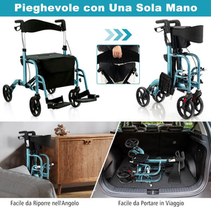 Deambulatore Multiuso 2 in 1, Deambulatore per Anziani in Alluminio con Altezza Regolabile a 6 Livelli, Poggiapiedi Pieghevole (Blu)