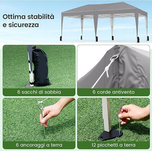 Gazebo Pop-up da Esterno 590 x 300 cm, Gazebo Regolabile in Altezza con Borsa con Ruote, Picchetti, Ancoraggi, Corde Antivento e Sacchi di Sabbia, Tenda Pieghevole per Campeggio (Grigio)
