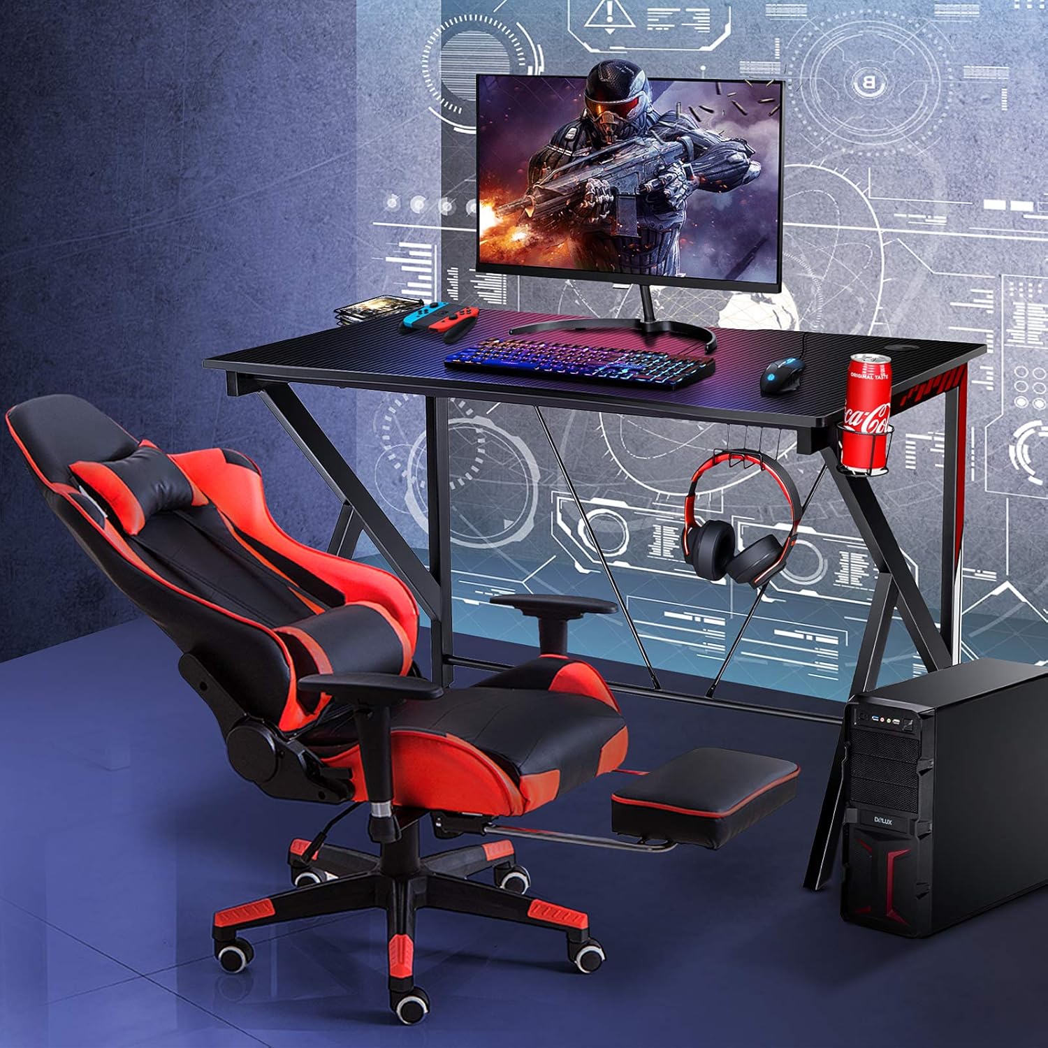 Scrivania Gaming Ergonomica, Tavolo da Gioco per Computer, con Porta Bicchiere e Gancio per Cuffie, Nero 115x73x76,5 cm