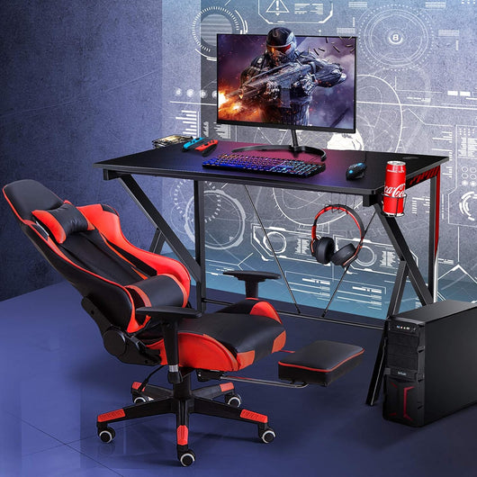 Scrivania Gaming Ergonomica, Tavolo da Gioco per Computer, con Porta Bicchiere e Gancio per Cuffie, Nero 115x73x76,5 cm