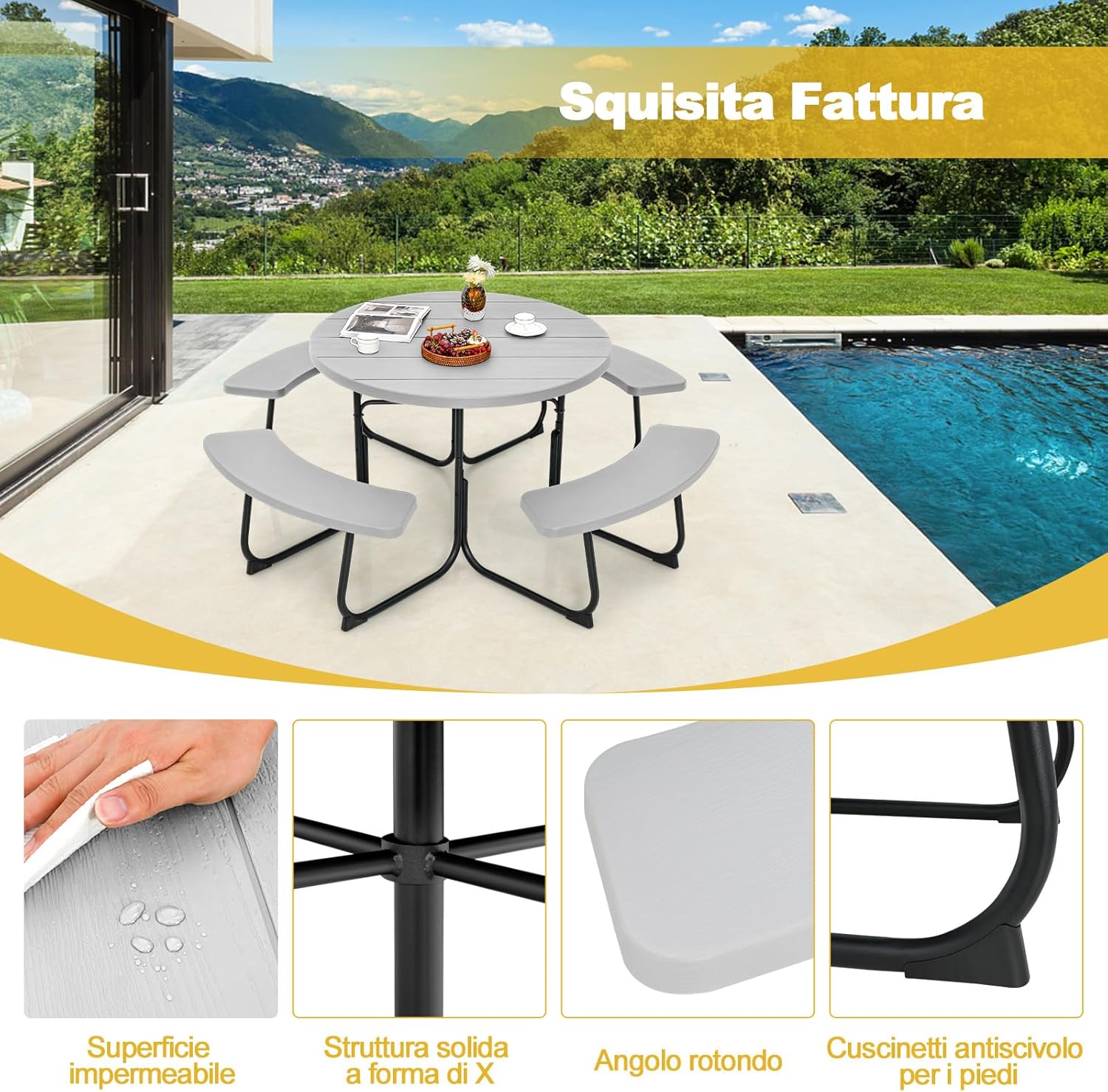 Set Tavolo da Picnic con 8 Posti, Tavolo da Picnic Rotondo con 4 Panche e Foro per Ombrellone, Tavolo da Campeggio Resistente in Metallo, per Giardino, Cortile, Patio (Grigio)