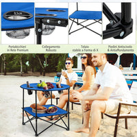 Tavolo da Campeggio Pieghevole, Tavolo da Picnic Portatile a 2 Ripiani, 4 Porta-Coppe, Tavolo Impermeabile per Spiaggia, Portata 40 kg