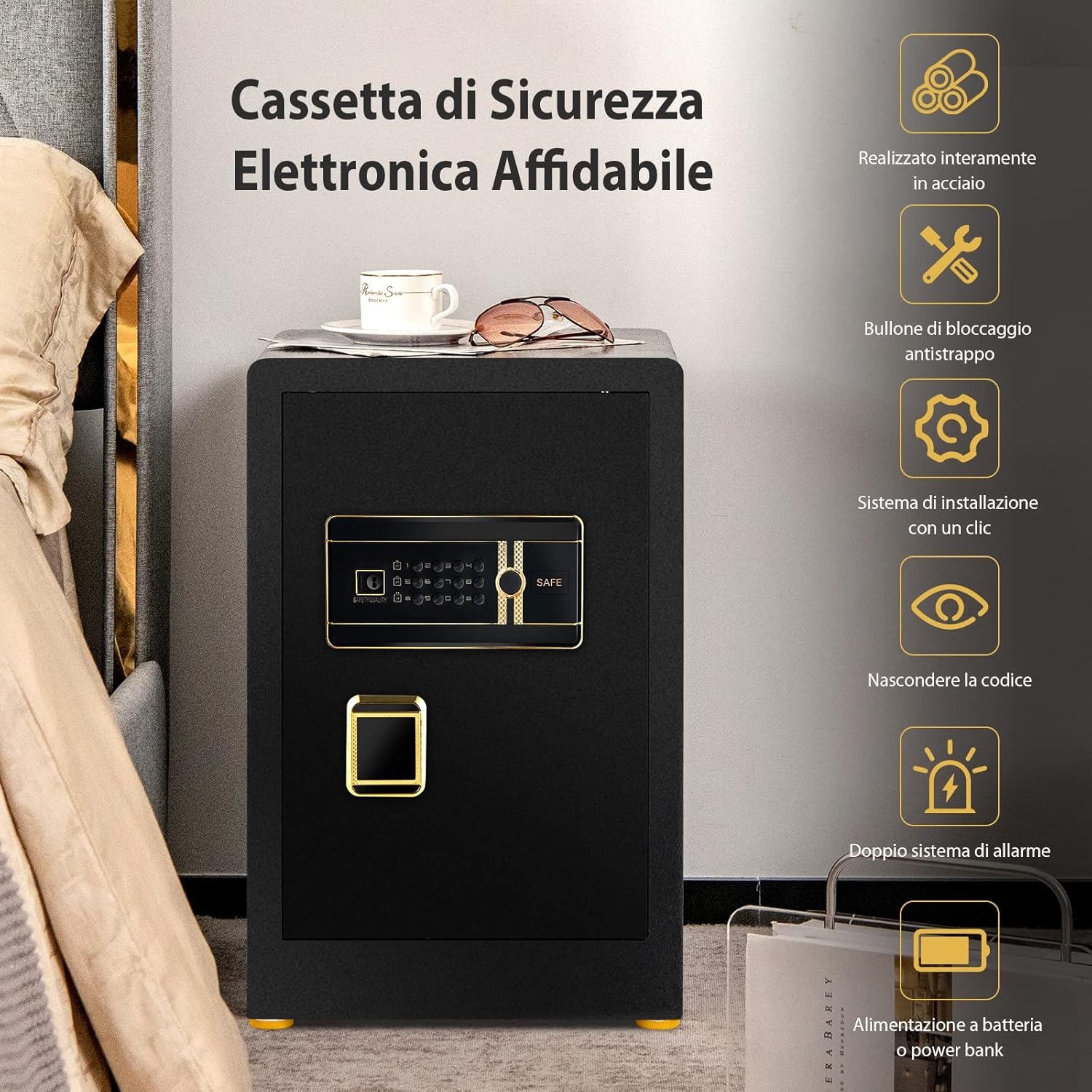 Cassetta di Sicurezza, Cassaforte di Sicurezza con Tastiera Digitale e Serratura a Chiave, in Acciaio con Ripiano Rimovibile, 35,5x38x59 cm
