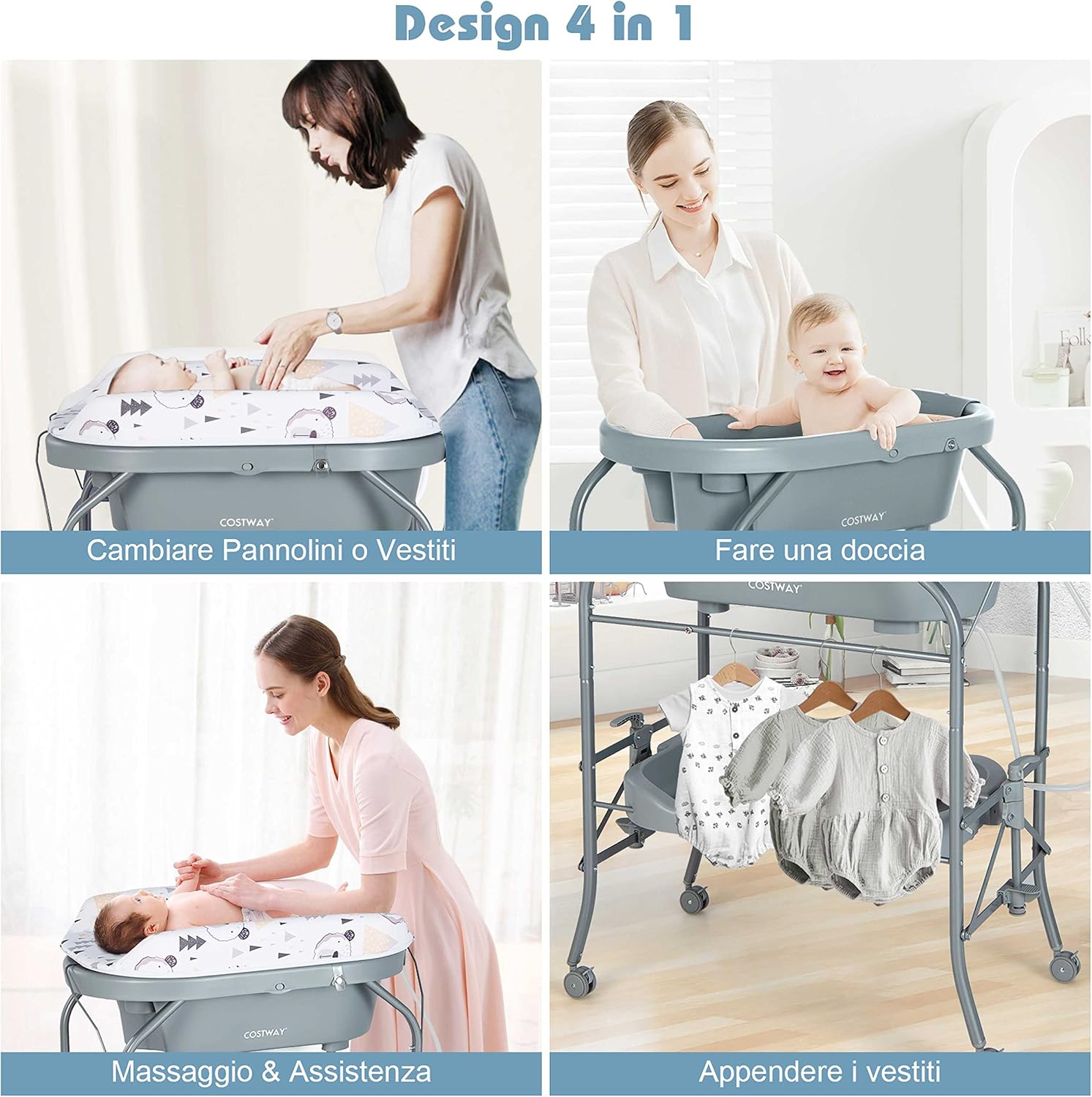 Fasciatoio con Vaschetta da Bagno per Bagnetto, Fasciatoio Pieghevole Salvaspazio con Materassino in PVC e Ruote, 0-12 Mesi fino a 11kg (Grigio)