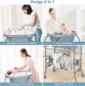 Fasciatoio con Vaschetta da Bagno per Bagnetto, Fasciatoio Pieghevole Salvaspazio con Materassino in PVC e Ruote, 0-12 Mesi fino a 11kg (Grigio)