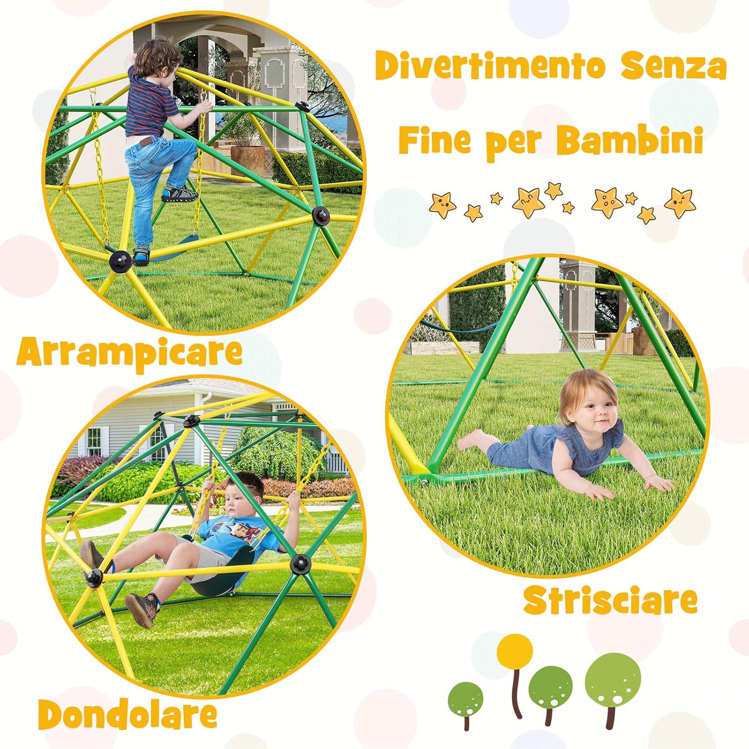 Cupola di Arrampicata con Altalena, Struttura per Arrampicata per Interno ed Esterno con Portata di 363 kg, Parco Giochi per Bambini da 3 a 10 Anni (Verde)