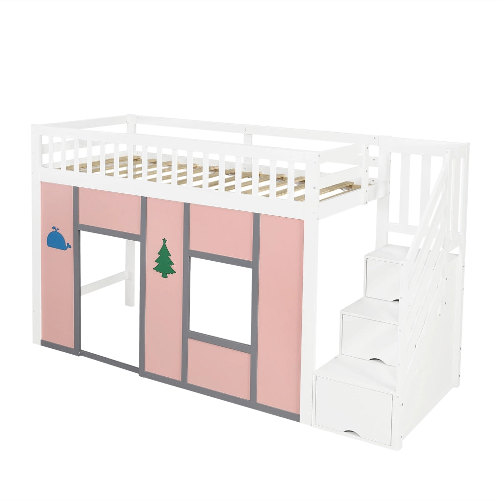 Letto a soppalco per bambini 90 × 200 cm con scala contenitore, LED, barriera di sicurezza, senza materasso, bianco rosa