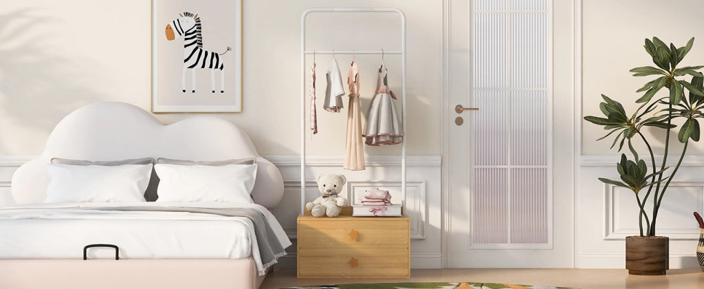 Scaffale con asta appendiabiti e 2 cassetti con maniglie a forma di stella in mdf colore legno naturale 70 × 55 × 168 cm