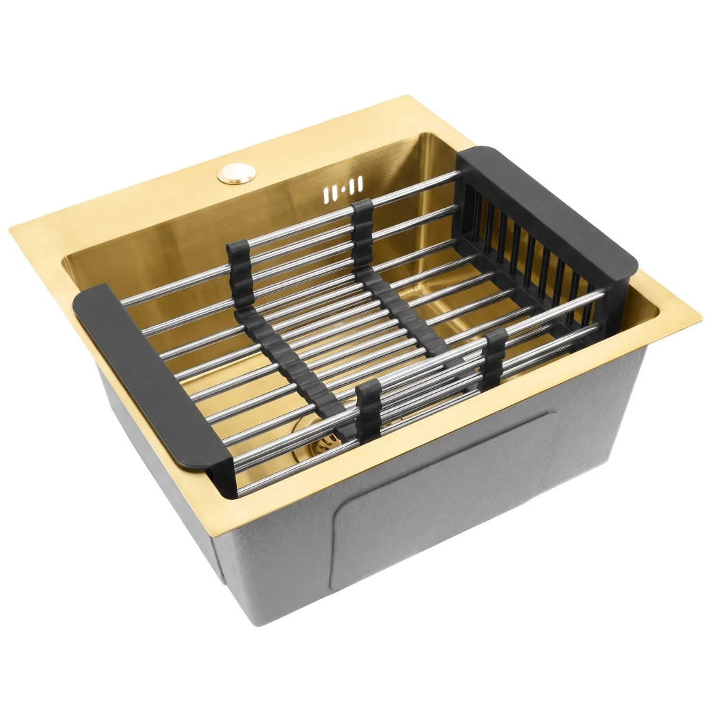 Lavello In Acciaio Con Set Di Accessori 3 Pz. Rea Leo 40 Brush Gold Accessori beige