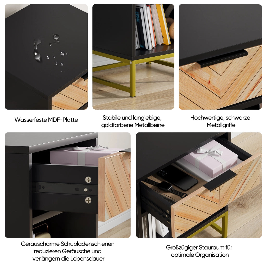 Comodino moderno in MDF nero e naturale con cassetto