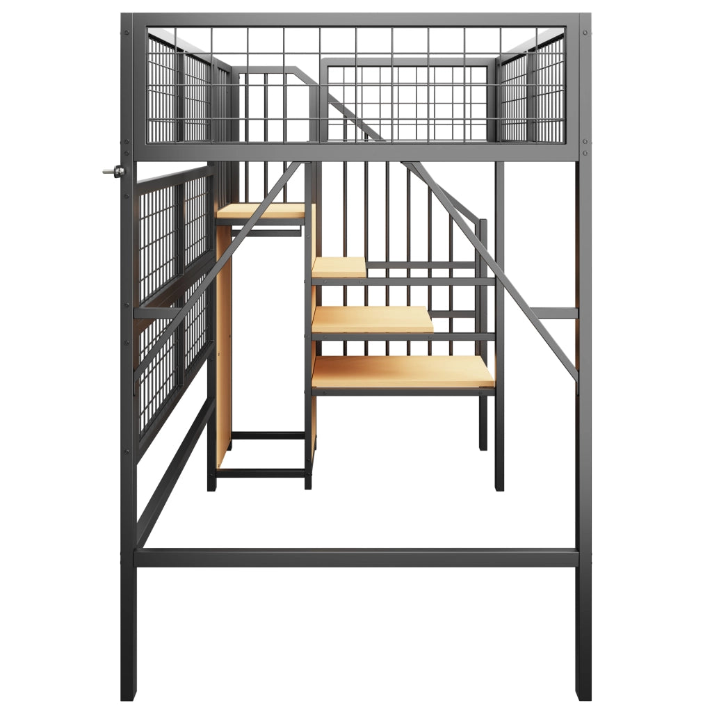Letto a soppalco in metallo 90x200 cm con scala contenitore, LED e guardaroba aperto, nero