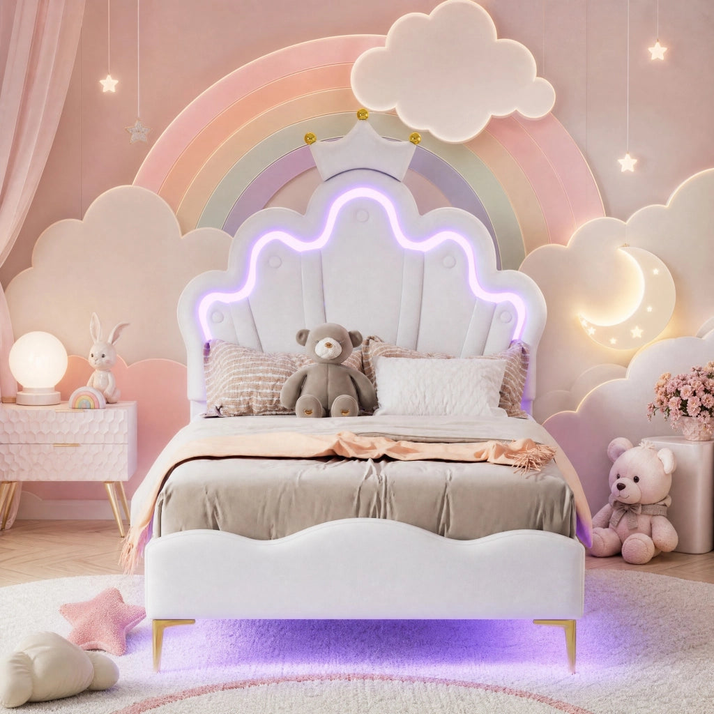 Letto imbottito 90x200 cm con LED; testiera a corona in PU bianco e altezza regolabile