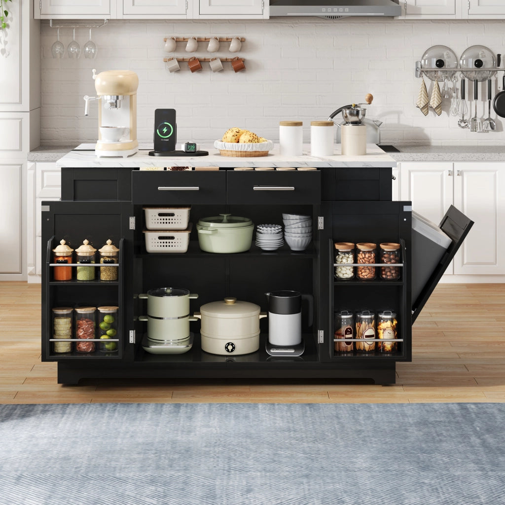 Carrello da cucina con piano ribaltabile; prese e vano rifiuti per cucina; in MDF nero; 138×86×92 cm