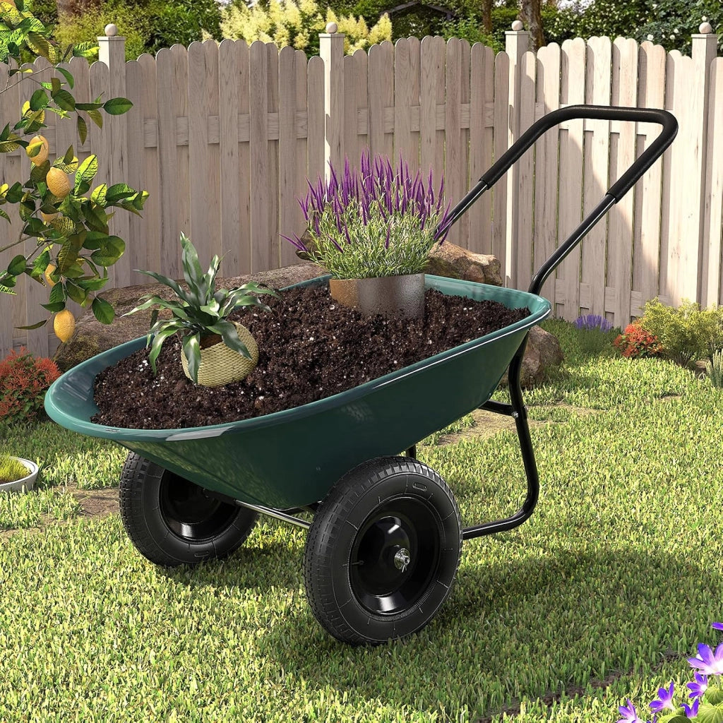 Carriola con 2 Ruote da Giardino, Carrello Resistente con Struttura in Acciaio Robusto, Ruote Pneumatiche 35,5 cm, Capacità 75L, Portata Max 100 kg (Verde)
